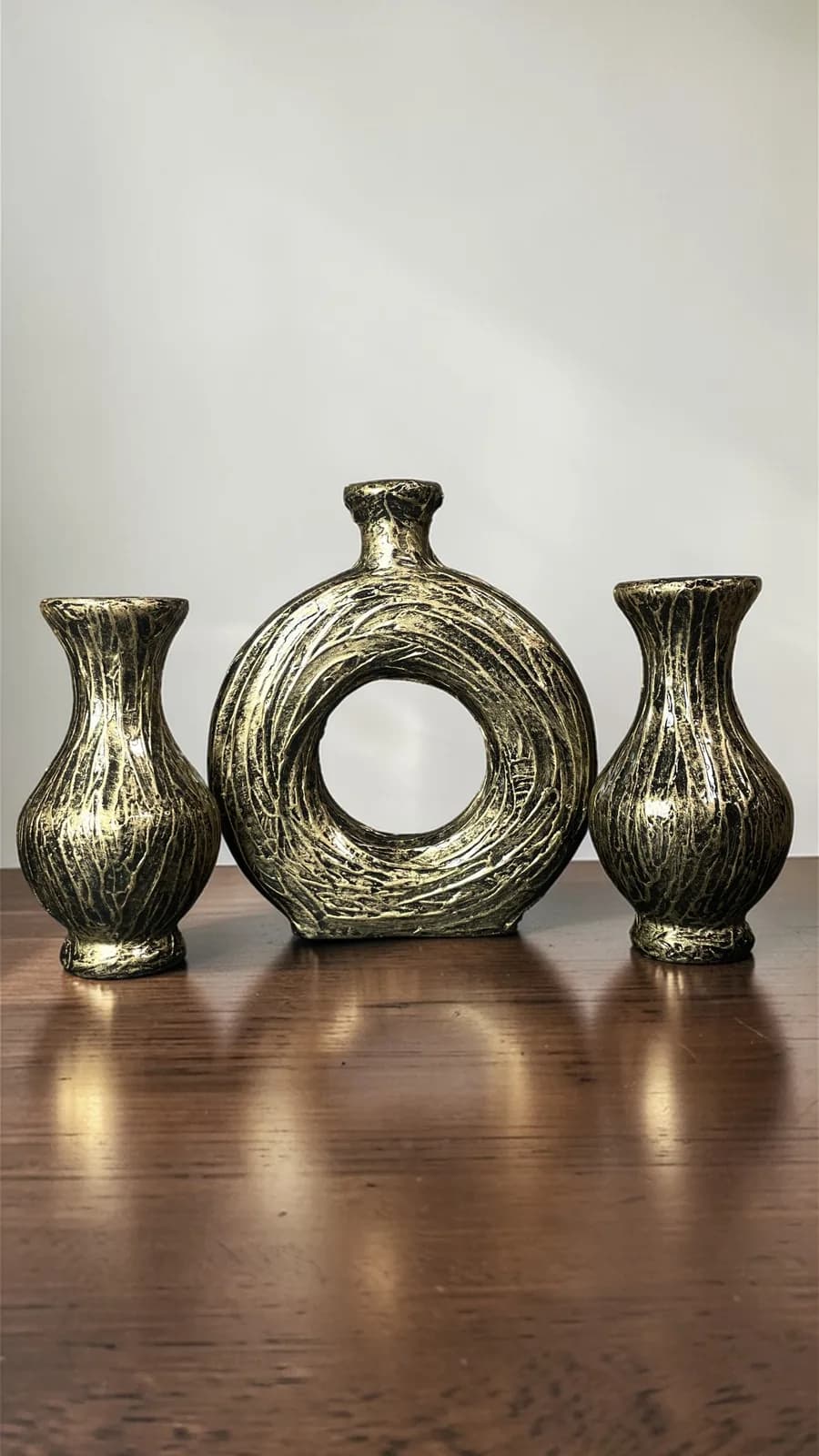 Aureline Orbit Set, handcrafted terracotta vase set, matte black with gold linework