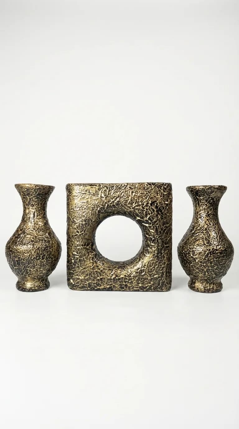 Aureline Relic Halo Set, handcrafted terracotta vase set, black with molten gold texture