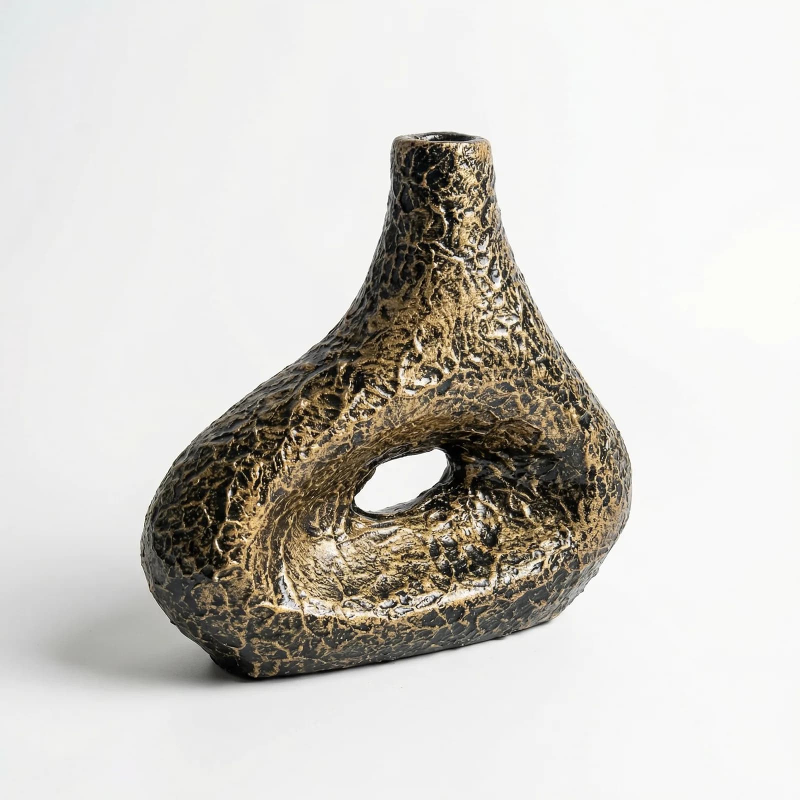 Aureline Relic Void Vase, handcrafted terracotta vase, black with molten gold texture