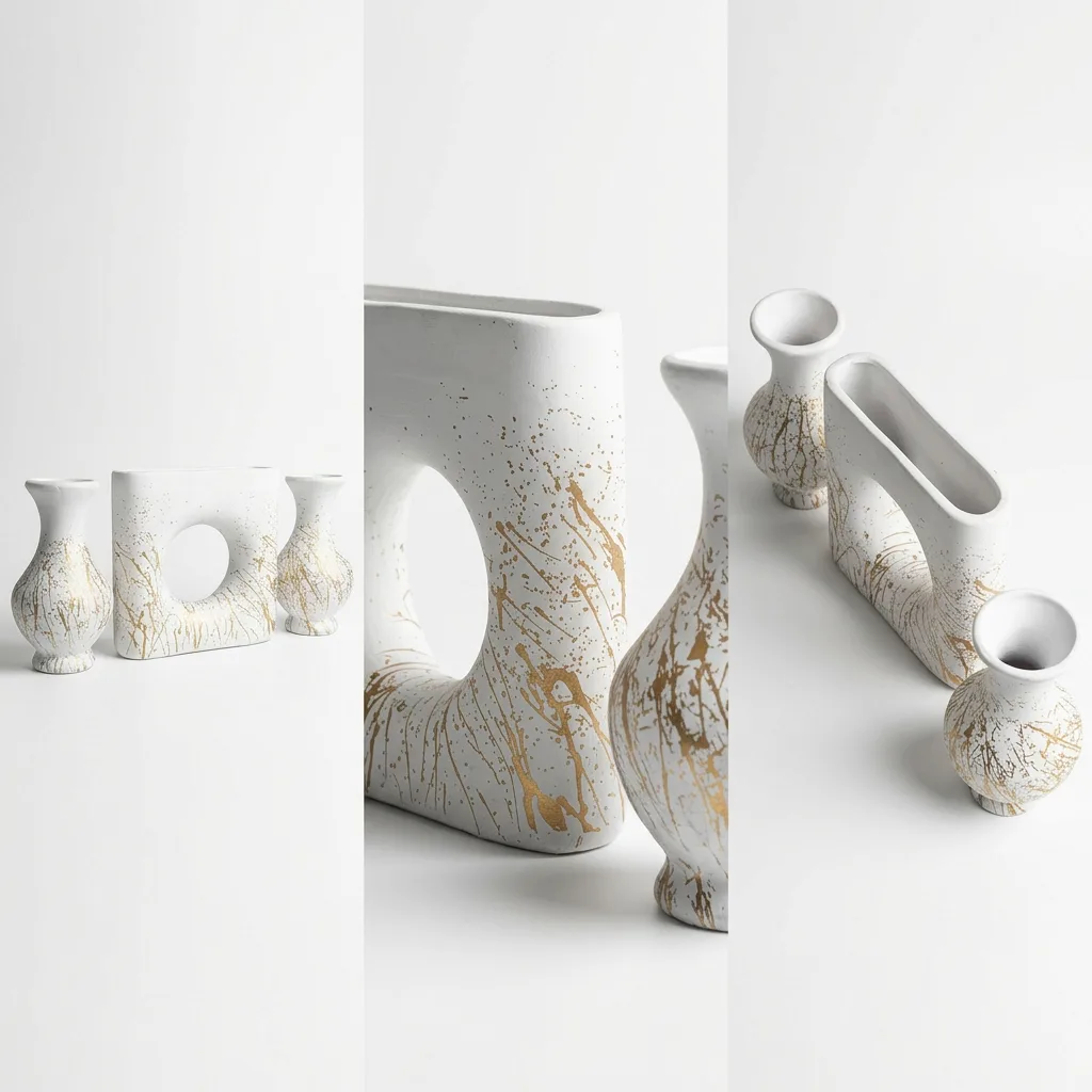 Ivory Gild Halo Set, handcrafted terracotta vase set, matte ivory with gold splatter