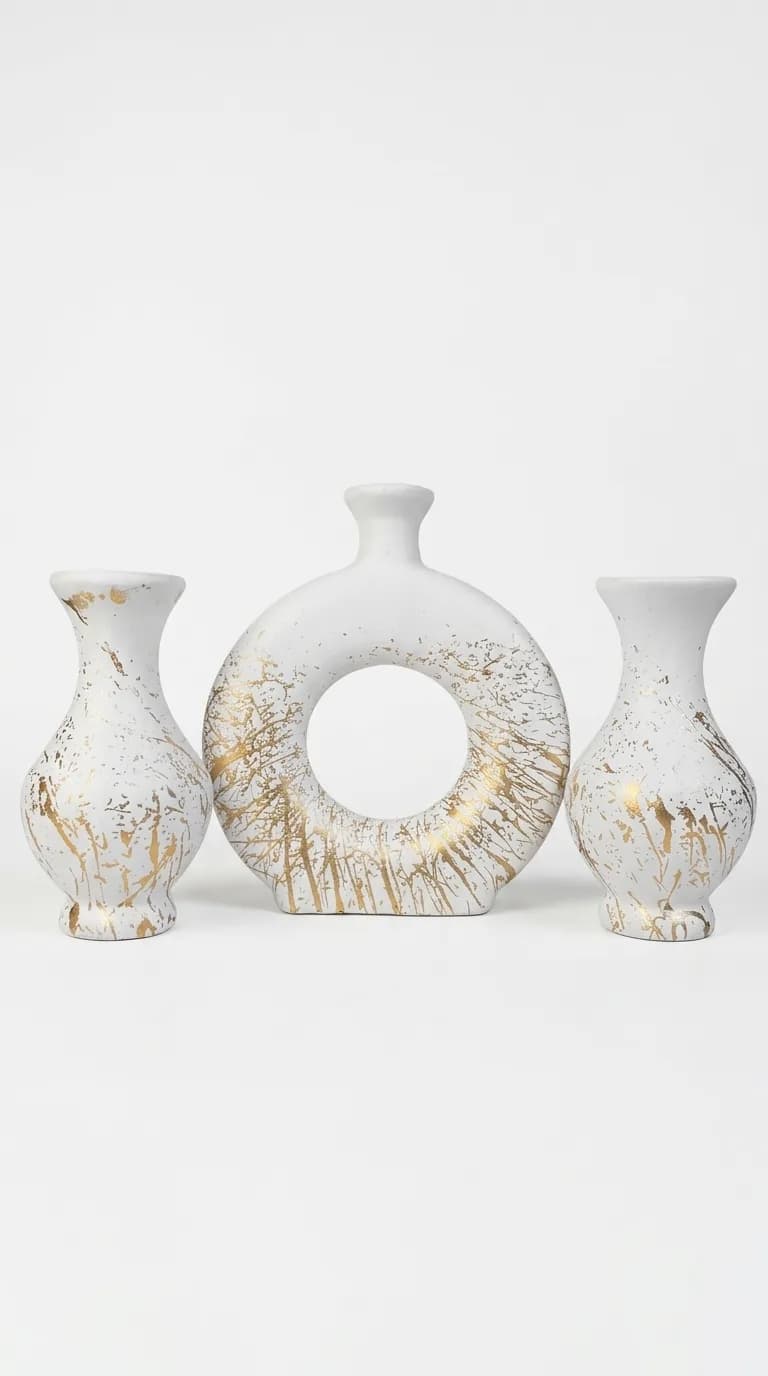 Ivory Gild Orbit Set, handcrafted terracotta vase set, matte ivory with gold splatter