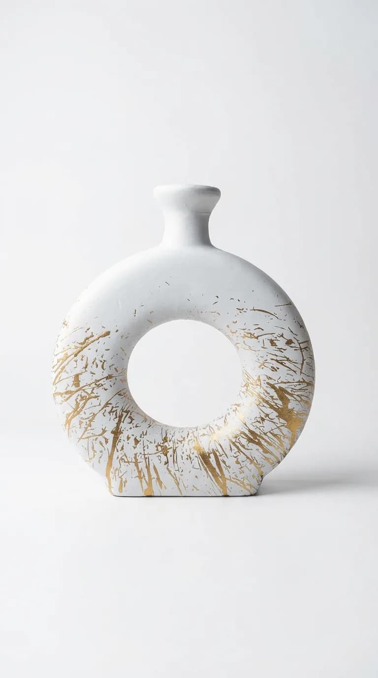 Ivory Gild Orbit Vase, handcrafted terracotta vase, matte ivory with gold splatter