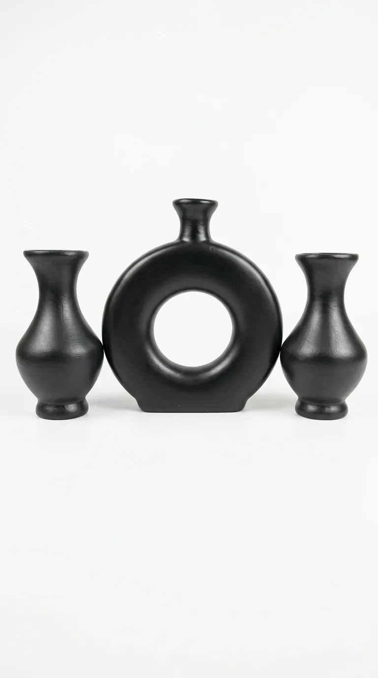 Noir Orbit Set, handcrafted terracotta vase set, matte black finish
