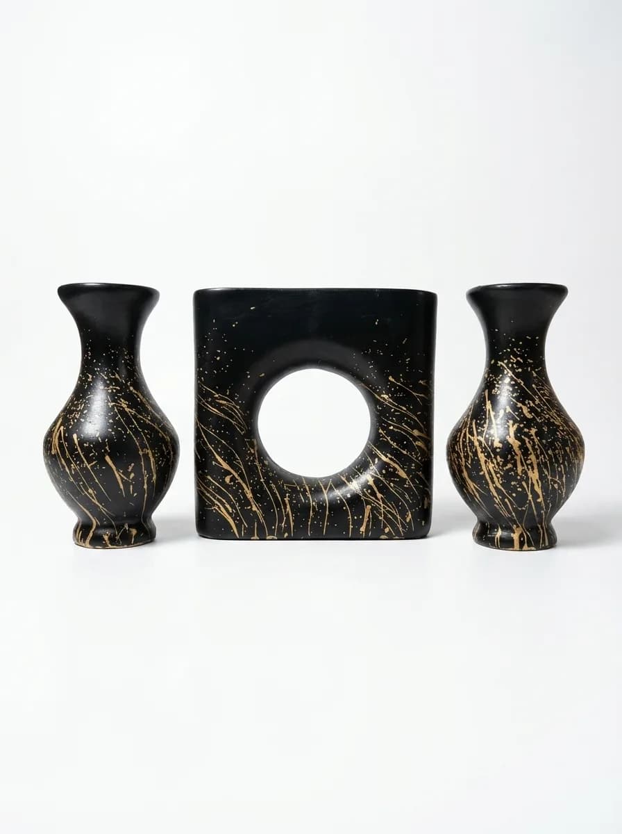 Obsidian Gild Halo Set, handcrafted terracotta vase set, matte black with gold splatter