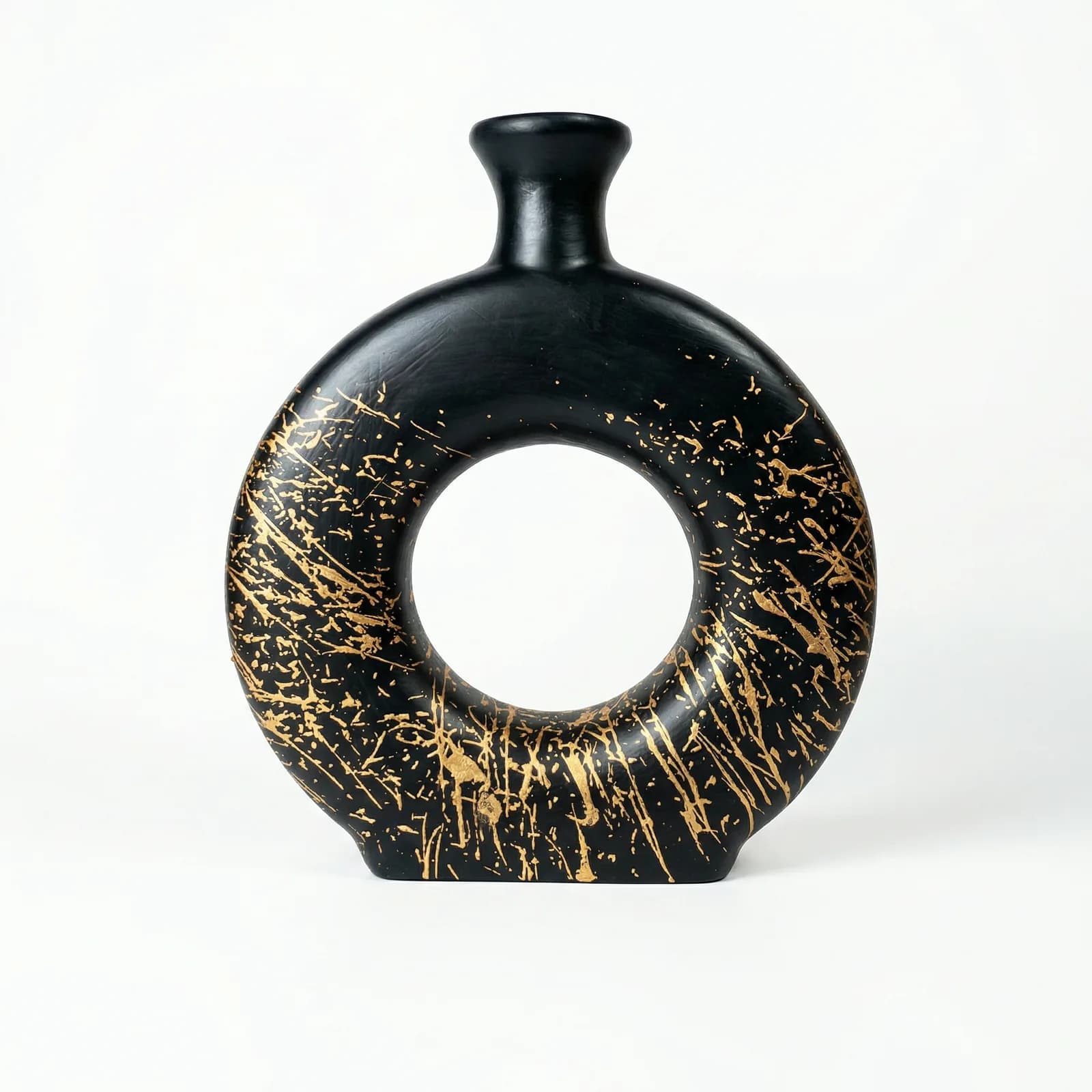 Obsidian Gild Orbit Set, handcrafted terracotta vase set, matte black with gold splatter